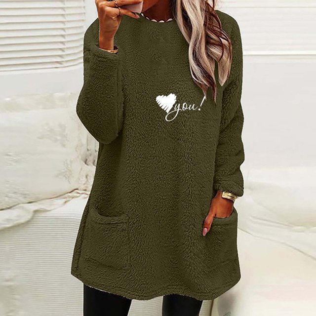 Chemises pour Femmes Col Rond et Hiver Ample Imprimé Poche Chaud Manches Longues Blouse Tops Blouses en Solde