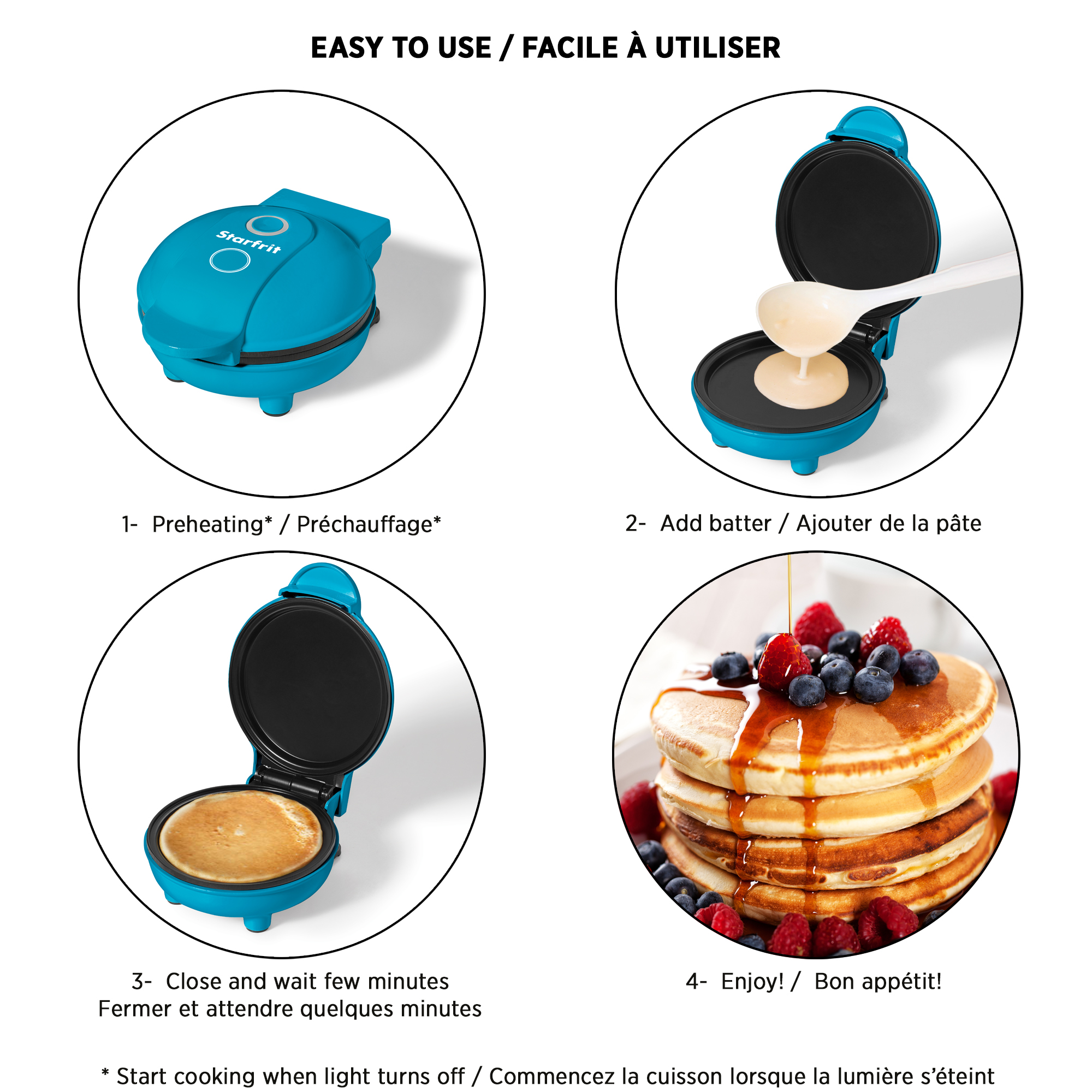 Starfrit Electric Mini Pancake Maker, 4" Non-Stick Cooking Surface, Easy to Use & Clean, Blue, 350 Watts
