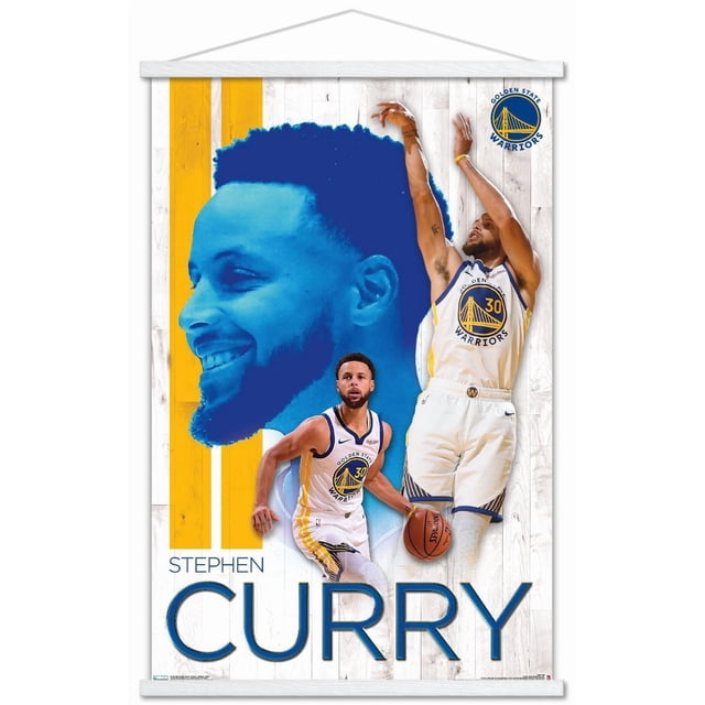 NBA Golden State Warriors - Affiche Murale Stephen Curry 19, 22,375 Pouces x 34 Pouces Encadrée Mettant en Vedette Stephen Curry du Chandail Numéro 30 Blanc et Jaune des Golden State Warriors en Trois poses : une Grande silhouette au Profil Bleu, Dribbler un Ballon de basketball et Tirer, Ensemble sur Fond de Planches de Bois Blanches avec Deux Rayures Jaunes Verticales et le logo des Golden State Warriors en Haut à Droite, Convient à la Déco de Chambre de fan de sports Ou à l'Exposition au
