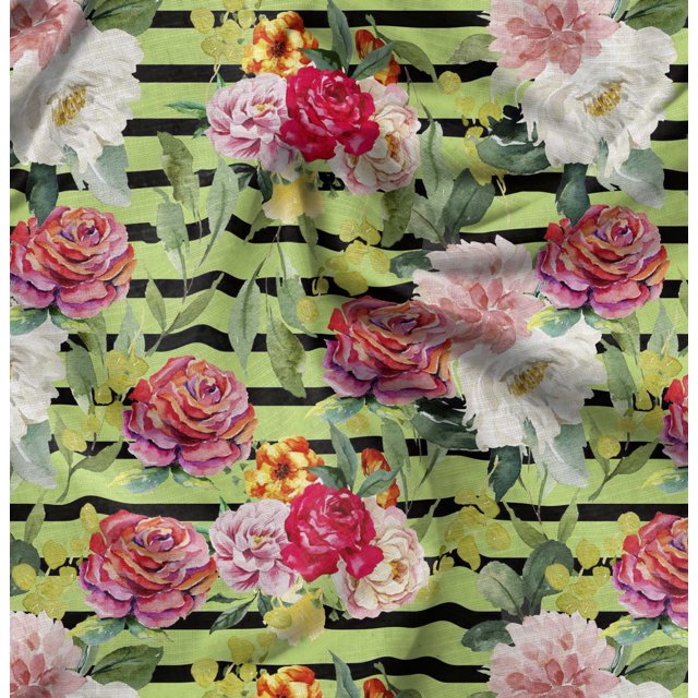 Soimoi Vert Poly Georgette Tissu Stripe & Grandiflora Roses Imprimé Floral Tissu par Yard 52 Pouces de Large