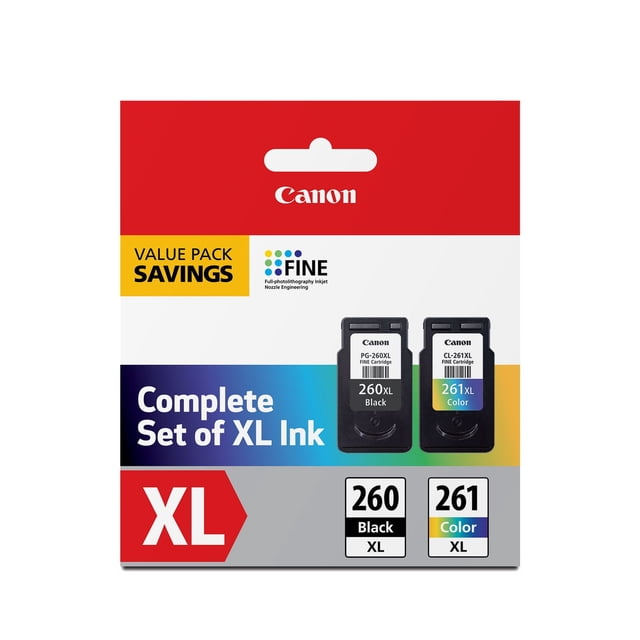 Canon PG-260 XL / CL-261 XL Value Pack containing two printer ink cartridges, black 260XL and color 261XL, with FINE nozzle technology for crisp text and vibrant images, packaged in retail box with red, white, and gray design, compatible with Canon printers.