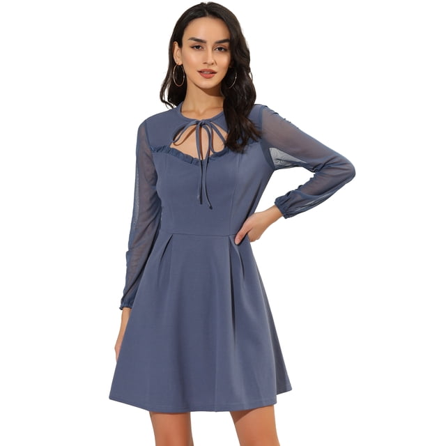 INSPIRE CHIC Robe Courte à Manches Longues en Maille à Volants à Col Noué pour Femme