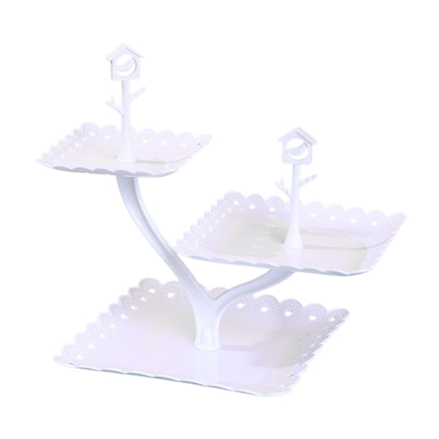 Fruit Plates Living Room Coffee Table Household Transparent Candy Dessert Rack Party Wedding Front Desktop Placed Snack Dessert Tray Tiers Dessert Stand. A three-tiered white plastic dessert stand with scalloped edges and decorative birdhouse-shaped accents on each tier. The stand measures 31x25x25cm and is designed for displaying cupcakes, fruits, or desserts, suitable for weddings, tea parties, or home decor.