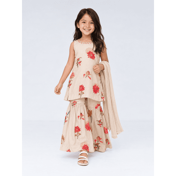 DWEEP SARA Kurti Crème à Motif Floral avec Ensemble Sharara pour Filles – Tenue Festive et de Fête, 2-3 Ans(20)