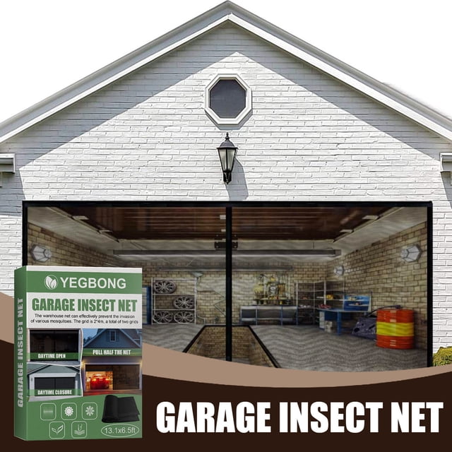 Garage Door Screen Kit 13.2x6.56ft, Self-Sealing Fiberglass Mesh Retractable Curtain with Gravity Ribs, Double Car Door Cover