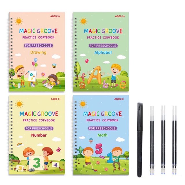 Estbridg Reusable Grooved Handwriting Workbooks set with four colorful practice copybooks for preschoolers, covering Math, Numbers, Alphabet, and Drawing. Includes a pen, six refills, and a silicone pen holder. Ideal teaching aids for ages 3-8, featuring durable, grooved pages for repeated calligraphy practice.