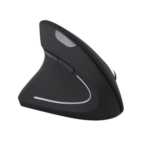 Ergonomic Vertical 2.4G Wireless Optical 6D 1600DPI Gaming Mouse designed for left-handers, featuring a black ABS body with a vertical ergonomic design. Includes six buttons, forward/backward thumb buttons for web browsing, and adjustable sensitivity levels of 800, 1200, and 1600 DPI. The mouse has a wireless range of 10 meters and operates on two AAA batteries (not included). Compatible with various operating systems including Windows 7, 8, 10, and more. Dimensions are 4.92x2.56x3.23 inches.