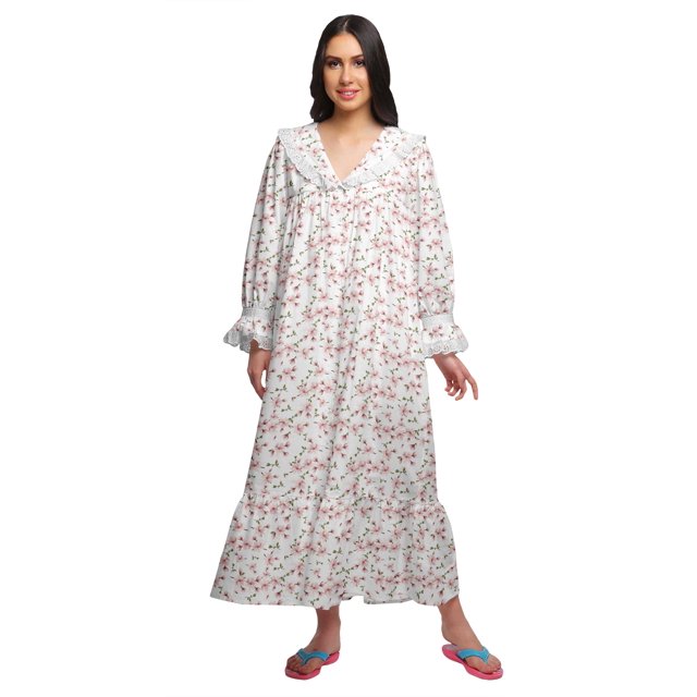 Moomaya Printed V-Neck Sleepwear Cotton Ruffled Border WoMen's Maxi Nightdress