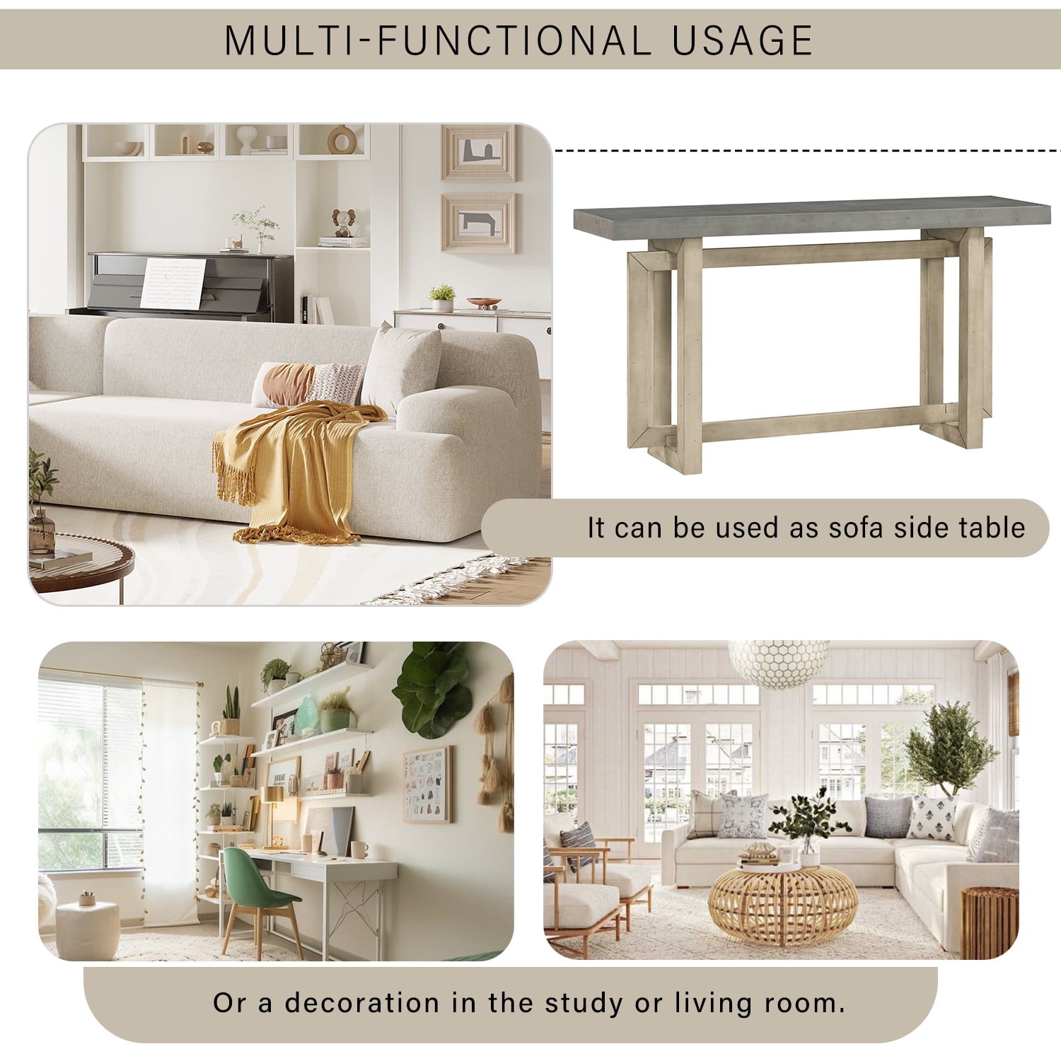 Noble House Table d'Entrée Peinte 59,1 Pouces, Console Design Triple Rectangle en Placage de Pin avec Pieds en Pin Épais, Extra Long, Gris