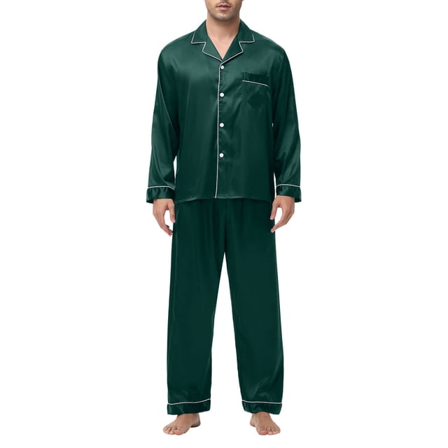 JMYHOAM Ensembles de Pyjamas pour Hommes Ensembles de Détente pour Hommes Manches Longues Col Rabattu Pyjamas Printemps Soie Soie Glacée Boutons Ensemble de Tenue d'Intérieur Vêtements de Détente