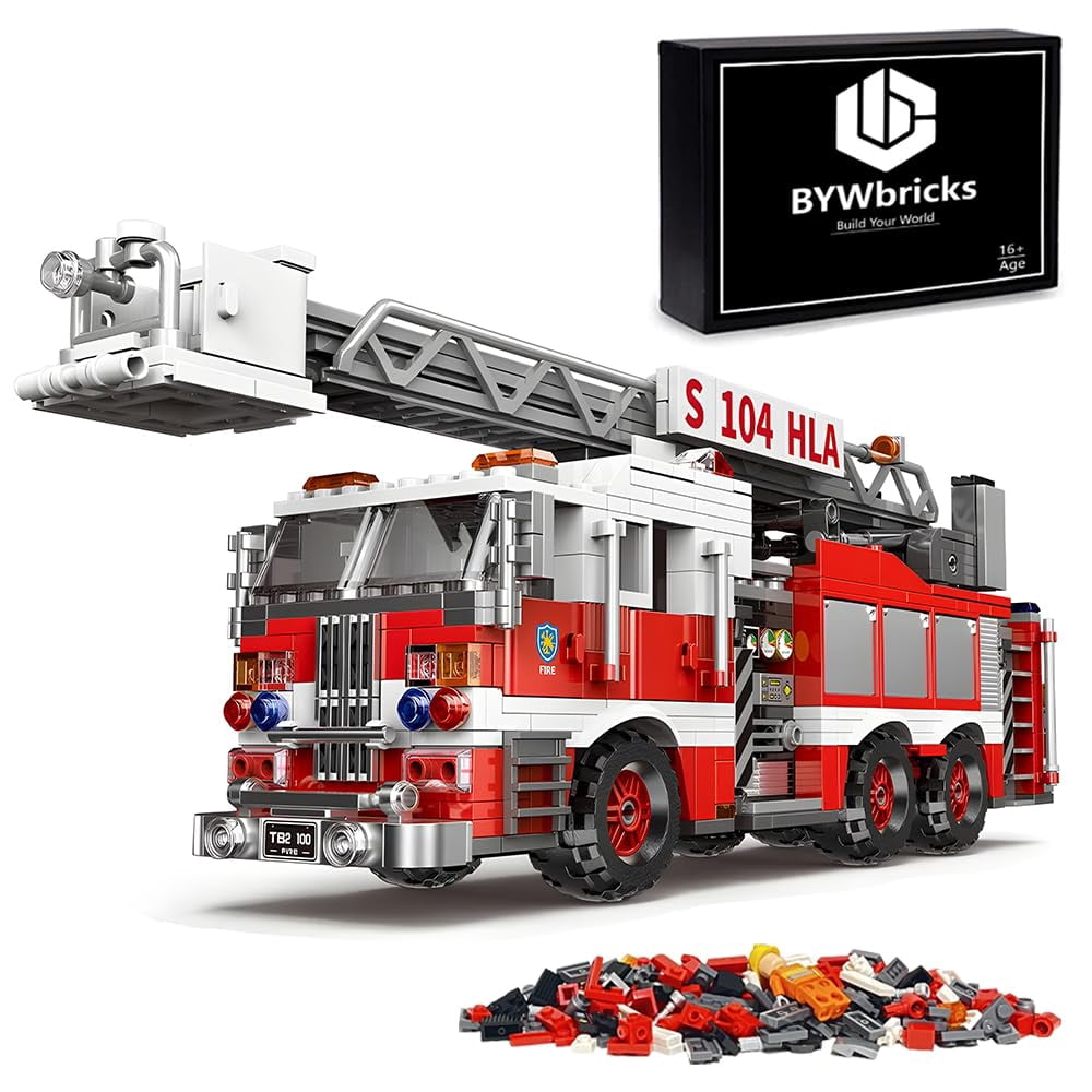BYWbricks City Ladder Fire Truck Building Blocks Set (711 pcs) Toy Station Firetruck Bricks Collectible Fire Engine Building Kit Model Gift for Boys and Girls Adults