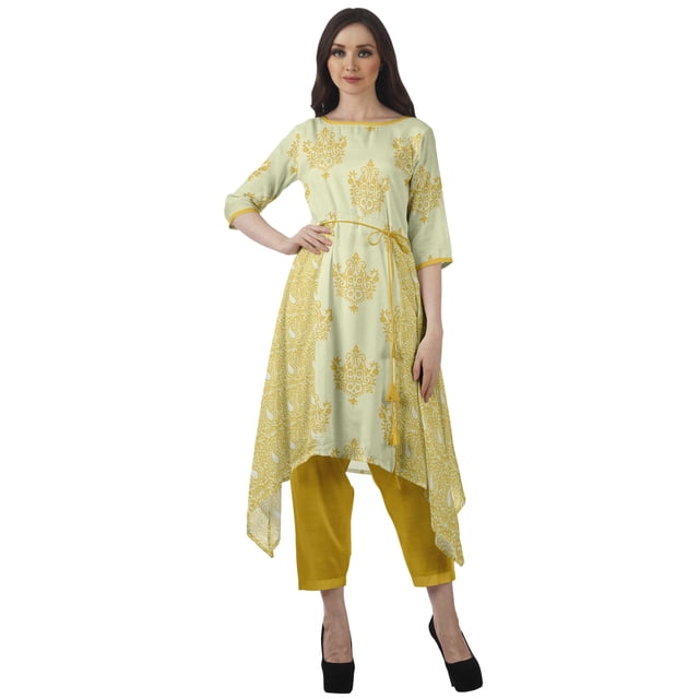 Moomaya Ensemble Tunique Indienne Haut et Pantalon Manches 3/4 Imprimé Kurta Kurti de Designer pour Femmes