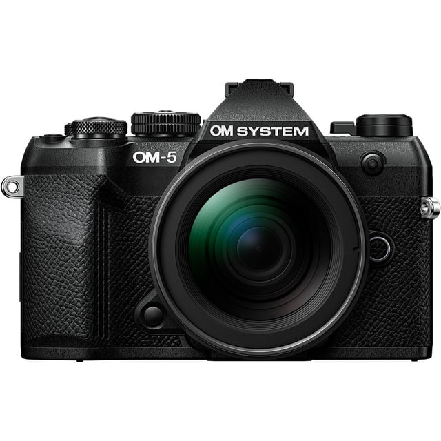 OM SYSTEM OM-5 Mark II Mirrorless Camera with 12-45mm f/4 Lens in black, front-facing view showing textured grip, large lens with green reflections, and top dials, featuring ultracompact weather-sealed design suitable for travel and outdoor photography.