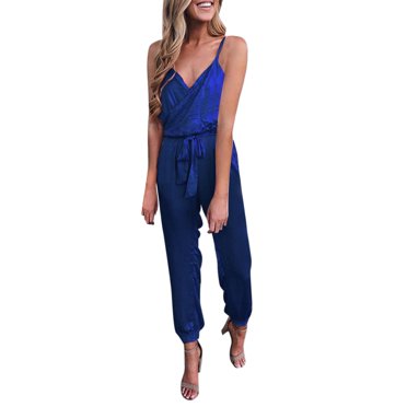 B91xZ Womens Jumpsuits Casual V Neck Baggy Rompers Sleeveless Loose Adjustable Spaghetti Strap Overalls Jumpers with Pockets,Blue M