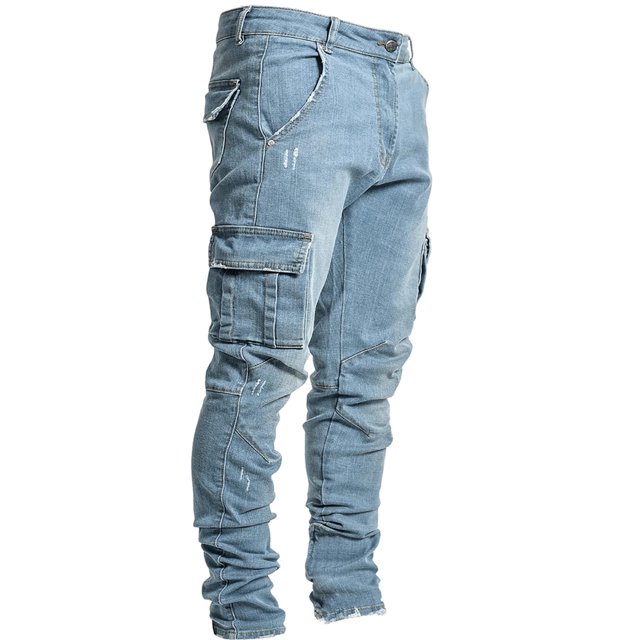 Men Skinny Jeans, Men's Cargo Denim Pants, Male Distressed Ripped Casual Jeans with Multi Pockets