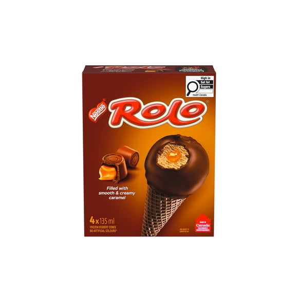 ROLO Cones, Caramel Flavoured Frozen Dessert & Centre, Chocolatey Coating & Cone, 4 x 135 ml