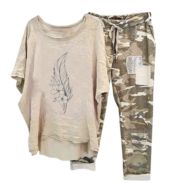 Mikilon Ensemble de Détente Confortable pour Femmes, Tenue d'Intérieur 2 Pcs, Ensemble de Détente Imprimé, Haut à Manches Mi-Longues à Col Rond + Pantalon, Kaki-D m