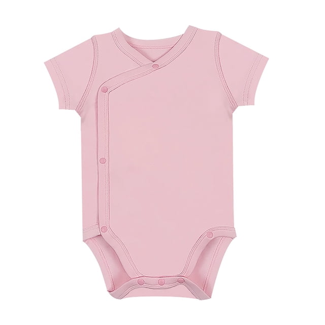 MIASHUI Baby Short Sleeve Side Snap Bodysuit in light pink, designed for unisex use, suitable for babies aged 0-3 months. Made from a soft cotton blend, this bodysuit features a side snap closure for easy dressing and a short sleeve design ideal for warm weather. The solid color and breathable material provide comfort and freedom of movement for daily wear or special occasions.