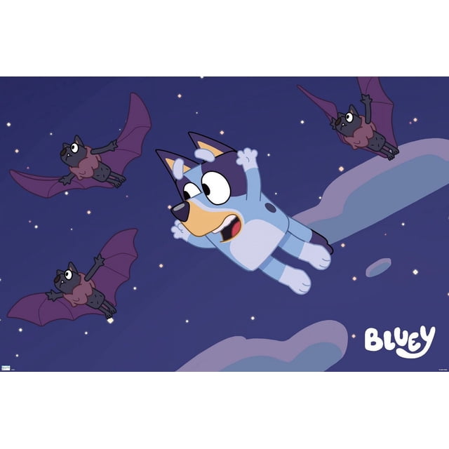 Bluey - Bats Wall Poster, 22.375" x 34" depicting Bluey, a blue and white cartoon dog, flying in a starry night sky with three purple bats, printed on glossy poster paper suitable for decorating kids' rooms and easy to hang with included adhesive mounts.
