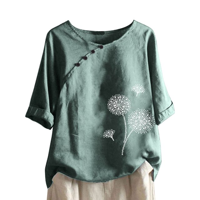 CHUANK Hauts pour Femmes en Liquidation à Moins de 10 $ Hauts pour Femmes Décontractés Printemps Été Manches Longues en Coton et Lin Imprimé Graphique Pissenlit Col Ras du Cou Blouses Vintage Hauts Grande Taille