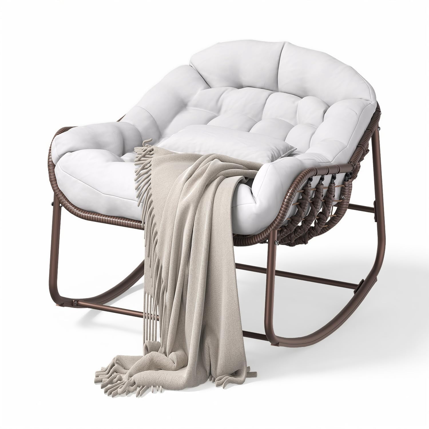 Outdoor Rocking Chair - Oversized White Wicker Papasan with Cushion, for Patio/Balcony/Bedroom | Egg Rocker, No Ottoman