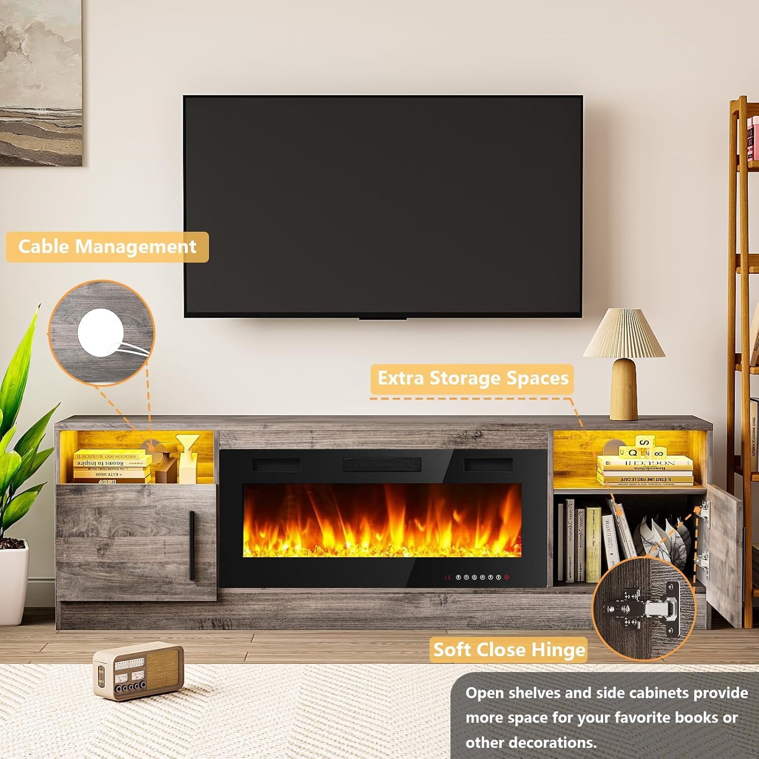 Yiwa 70" Gray TV Stand, Modern Console Table with Storage Cabinets for TVs up to 75", Entertainment Center for Living Room, Fits 36" Electric Fireplace (Fireplace Not Included)