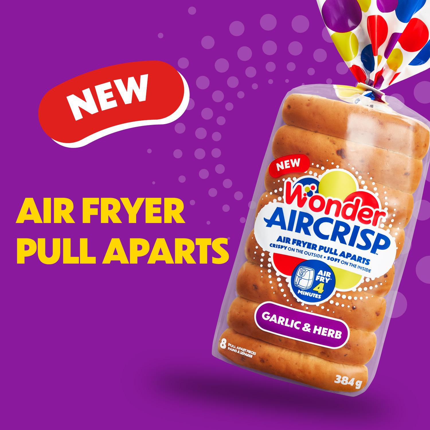 Wonder AirCrisp™ Air Fryer Pull Aparts - Garlic & Herb Flavour, No Artificial Flavours or Colours, Baked in Canada, 8 pull apart pieces, 384g