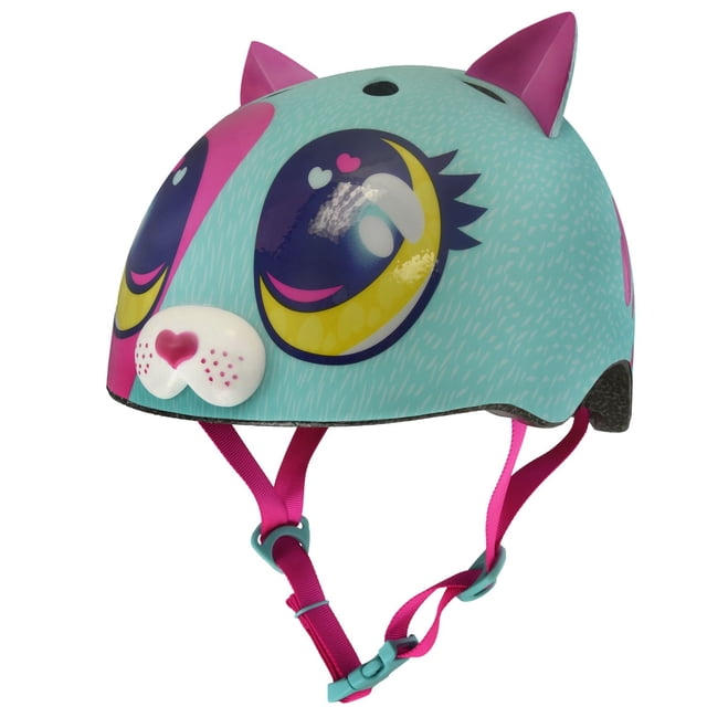 Raskullz I Heart Kitty Toddler Helmet in bright teal with pink hearts and 3D cat ears, featuring large cartoon eyes and a white snout with a pink heart nose, adjustable pink straps, aerodynamic vents, designed for kids ages 3-5 with head sizes 48-52 cm, ideal for biking, scootering, and skateboarding as protective gear.
