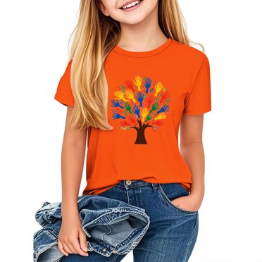 Fashionable Childrens Printed Round Neck Short Sleeved Mid to Large Childrens Casual Loose Top