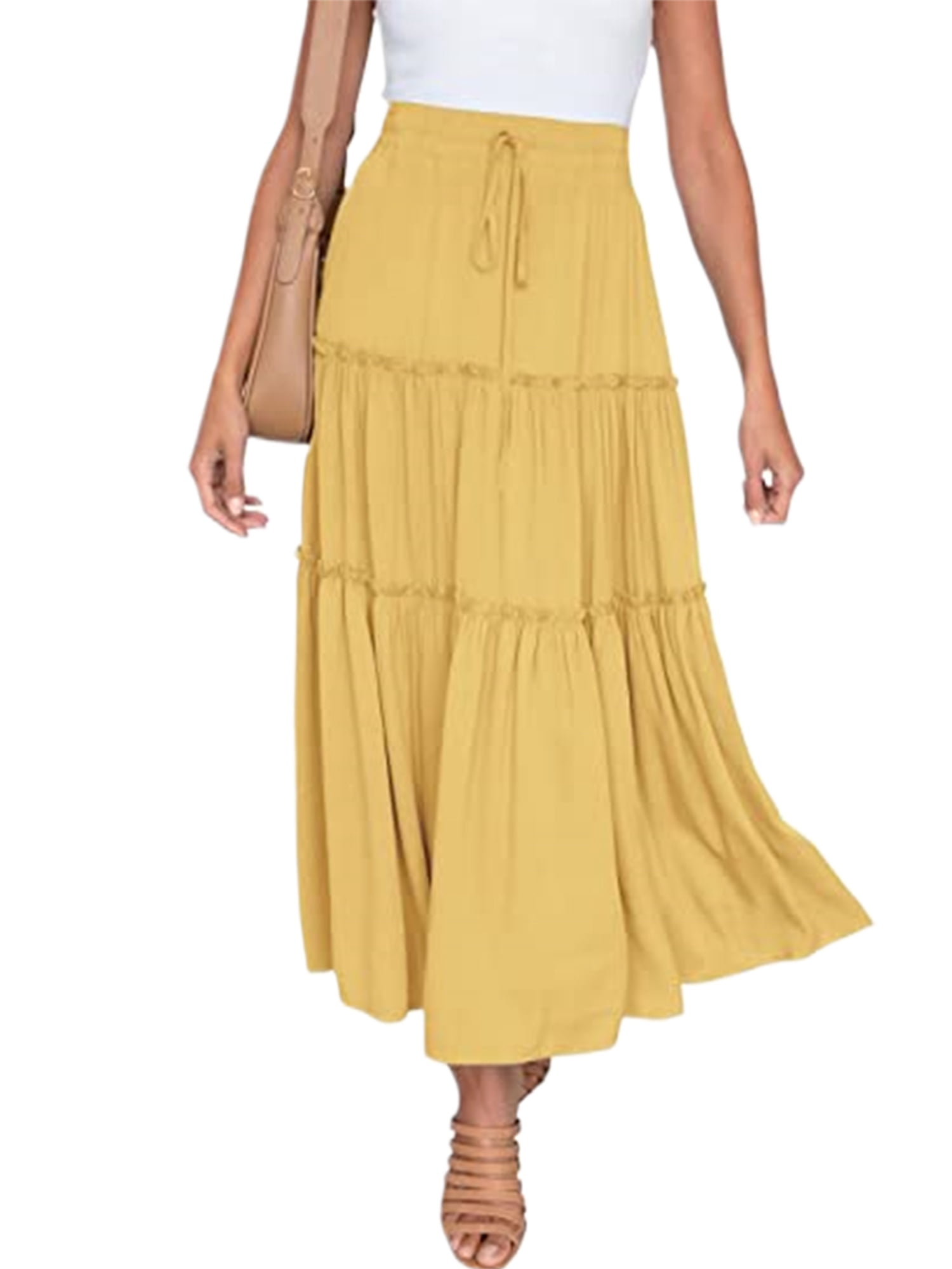 LUXUR Jupe Midi Évasée pour Femmes, à Volants, Fluide, Taille Haute, Kaki, TG