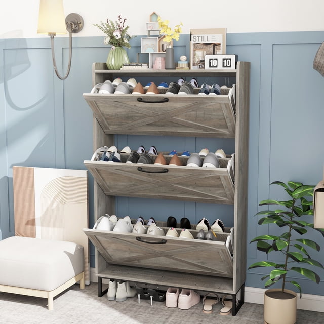 Vabches Shoe Storage Cabinet with 3 Flip Drawer, Narrow Shoe Rack Cabinet for Entryway, Grey