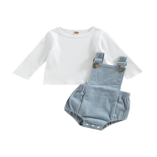 Baby 2PCS Spring Romper Suit Long Sleeve Plain Ribbed Crew Tops+ Buckle Shoulder Straps Snap Triangle Suspender Romper
