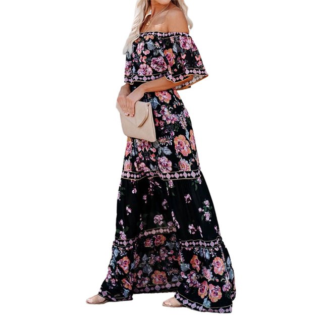 MAWCLOS Femmes Été Plage Robe Soleil Floral Imprimé Maxi Robes de l'Épaule Longue Robe de Vacances en Vrac à Manches Courtes Noire Pivoine M