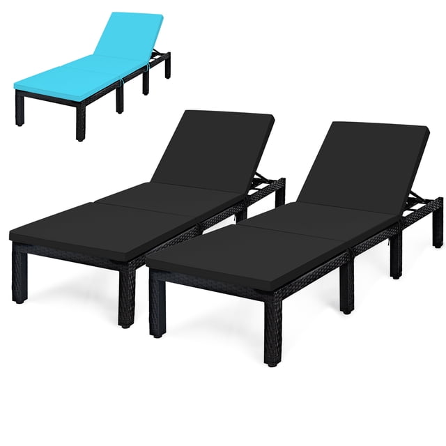 Costway 2PCS Patio Rattan Lounge Chair Chaise Recliner Adjust with Black & Turquoise Cover