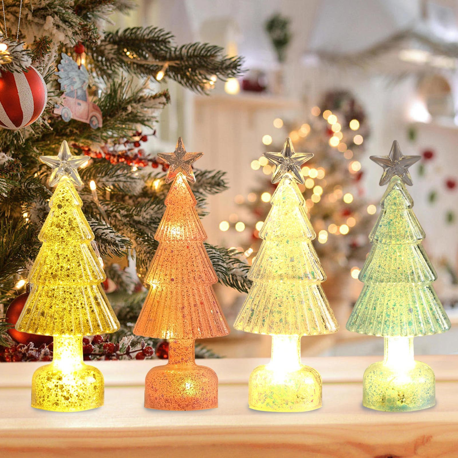 Lksixu Crystal Christmas Tree, Christmas Decorations 5.9" Pre-lit Tabletop Christmas Tree Figurine with LED Lights, Battery Operated Glowing Xmas Tree Night Lamp Table Centerpiece for Holiday Party