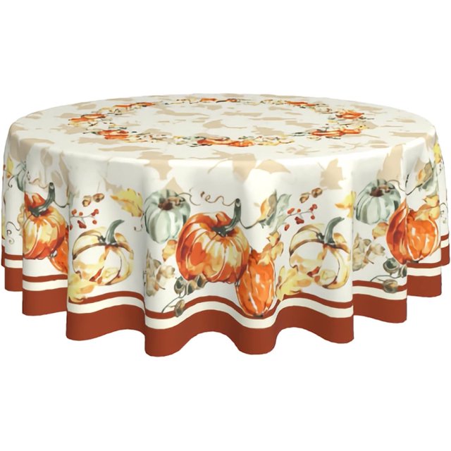Nappe Ronde Citrouille d'Automne pour l'Action de Grâce et Feuilles d'Automne, Nappe Décorative 60 Pouces en Polyester, Housse de Table Style Ferme pour la Récolte à la Maison, la Cuisine et les Fêtes Extérieures