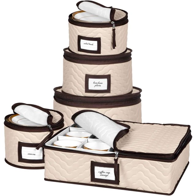 Hold N Storage Microfiber Dinnerware Storage Organizer 5-Piece Set , Beige W/ Brown Trim Adult