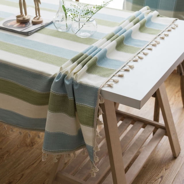 Striped Tablecloth Linen Polyester Rectangle | Mediterranean Blue Green Pattern Fringe | 60x60cm Durable Washable Indoor Outdoor Coffee Dining Decor
