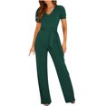 thumbnail image 1 of Combinaisons à Manches Courtes pour Femmes, Col en V, Taille Haute, Ceinturées, Élégantes, Jambes Larges, Combinaisons/rompers pour le Travail Décontracté, 1 of 6