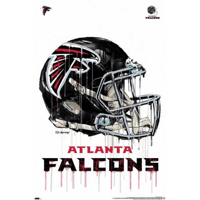NFL Atlanta Falcons - Affiche Murale « Drip Helmet 20 », 22,375 Po x 34 Po Montrant un Casque de football Noir avec le logo des Atlanta Falcons Rouge et Blanc, avec un Effet de Peinture Goutte à Goutte sur Fond Blanc et un Texte Audacieux « Atlanta Falcons » Ci-Dessous, Convient à une Déco Murale à Thème Sportif.