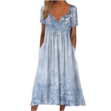 Pisexur Robe T-Shirt d'Été pour Femme Décontractée à Fleurs, Col Rond, Manches Courtes, Robe Bohème Fluide à Boutons Évasée avec Poches
