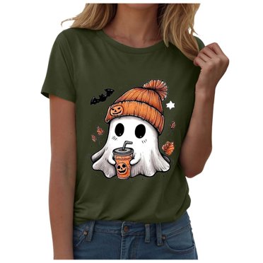 HUITKMM T-Shirt Basique Femme T-Shirt d'Halloween pour Femme à Imprimé Graphique à Manches Courtes Col Rond T-Shirt Décontracté d'Été pour Fête avec Jeans
