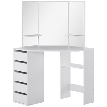 HOMCOM Corner Vanity Table, Makeup Desk with 3-piece Mirror and 5 Drawers