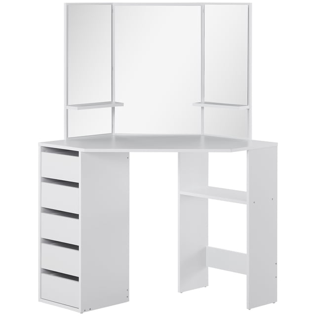 HOMCOM Corner Vanity Table, Makeup Desk with 3-piece Mirror and 5 Drawers. This white corner vanity features a space-saving design with a large tabletop, five drawers, and three shelves for ample storage. The 3-piece mirror setup provides multiple viewing angles, with a middle mirror measuring 16.5 inches by 25.2 inches and side mirrors measuring 11 inches by 19 inches. Made of durable particle board, it supports up to 176 lbs overall. Ideal for organizing beauty supplies, jewelry, and hair accessories.