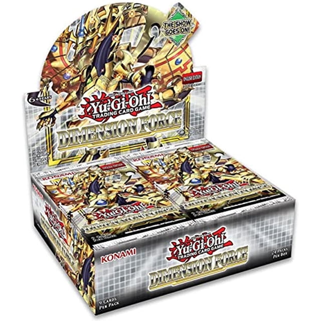Yu-Gi-Oh! TCG: Dimension Force Booster Display (24), featuring a 100-card set with new themes and cards for older strategies. The display box showcases vibrant artwork of golden armored characters and includes 24 booster packs, each containing 9 cards. Ideal for collectors and players of the Yu-Gi-Oh! Trading Card Game.