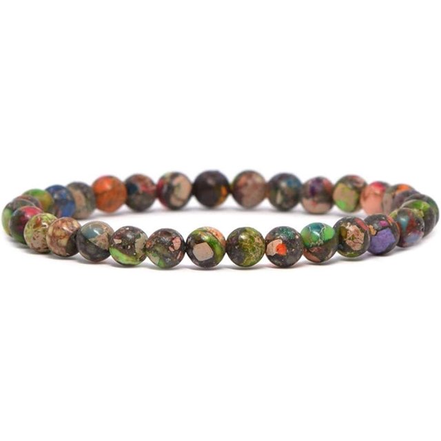 Bracelet Extensible Unisexe en Perles Rondes de 6 mm, Pierre Précieuse Jaspe Pyrite Sédiment Marin Teinte Multicolore 6,5 Pouces