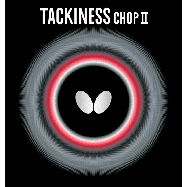 Butterfly Tackiness Chop II 1.9 Caoutchouc de tennis de table Rouge avec une surface Collante et une Éponge Dure, Conçu pour les Joueurs Défensifs Qui Recherchent une Rotation Élevée et des Tirs Offensifs Contrôlés. l'Emballage Présente un Fond Noir avec des Anneaux Concentriques Rouges et Blancs et le logo Butterfly au Centre.