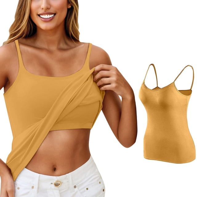Hiiyo Women's Workout Fitness Tank Top Spaghetti Strap Built-In Bra Camisole, Yellow XXL