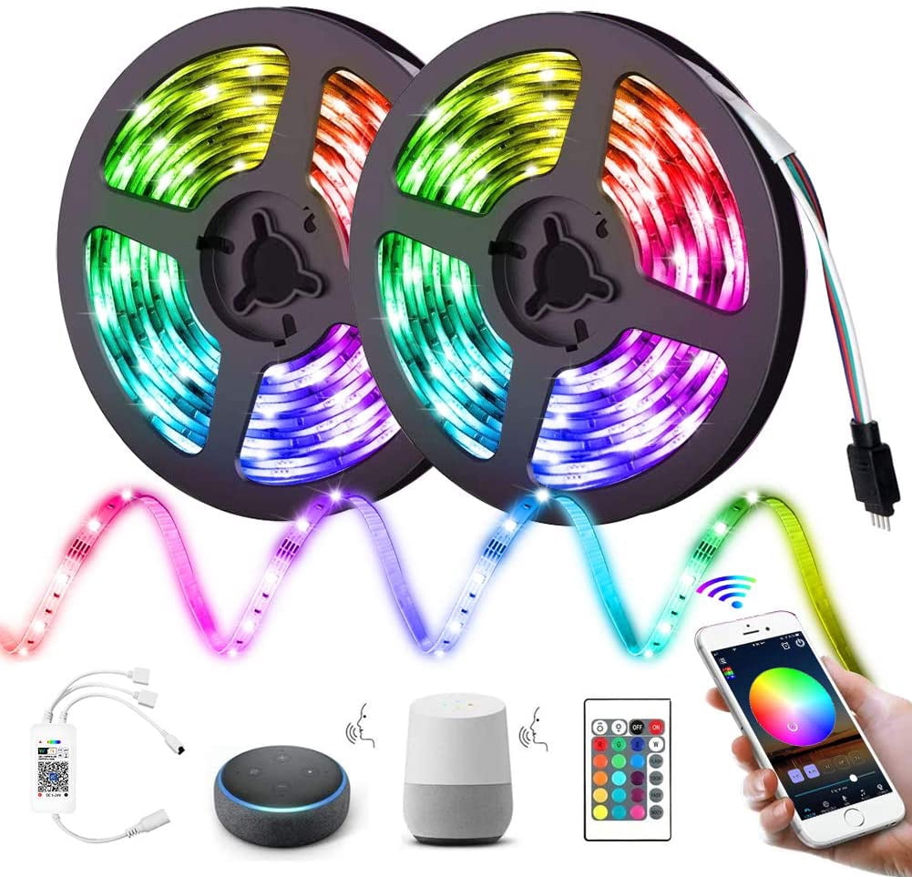 LED Light Strip 65.6ft(20M) WiFi Wireless Smart Phone Controlled Led Strip Light with DC24V Power Supply 600leds RGB 5050 LED Strip Lights with Remote Compatible with Alexa Echo