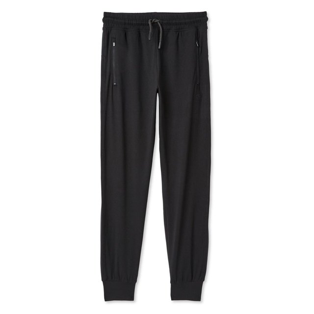 Athletic Works Pantalon Jogger en Jersey pour Garçons, Noir, avec Taille Élastiquée et Cordon de Serrage, Fabriqué en Tricot Jersey Brossé Doté d'Une Technologie Qui Évacue Plus l'Humidité, Comprend Deux Poches Zippées et des Poignets Côtelés pour un Ajustement Sécuritaire, Idéal pour les Vêtements d'Entraînement Ou les Tenues Décontractées.
